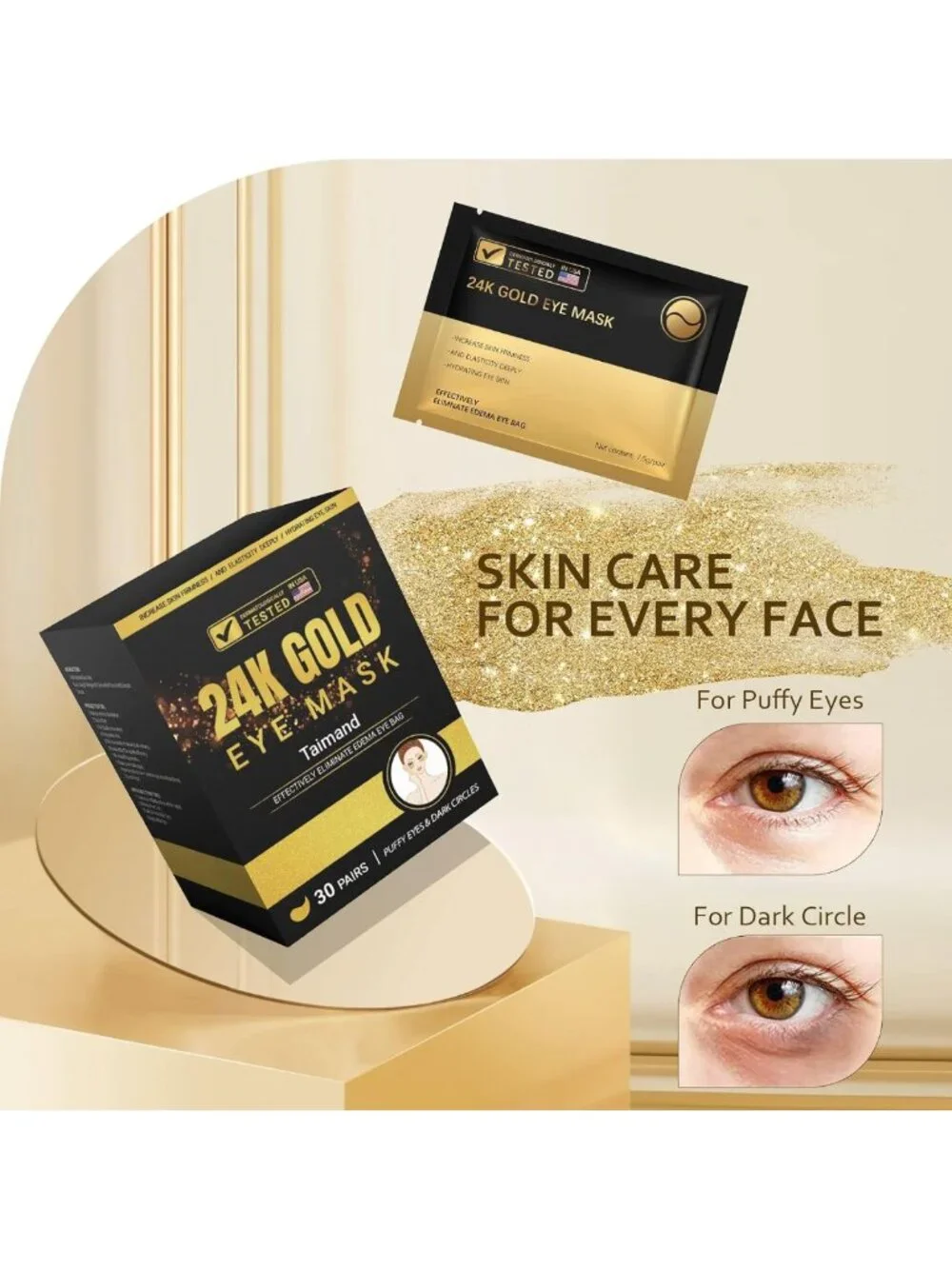 24K Gold Under Eye Patches - 30 Pairs for Dark Circles & Puffiness Relief